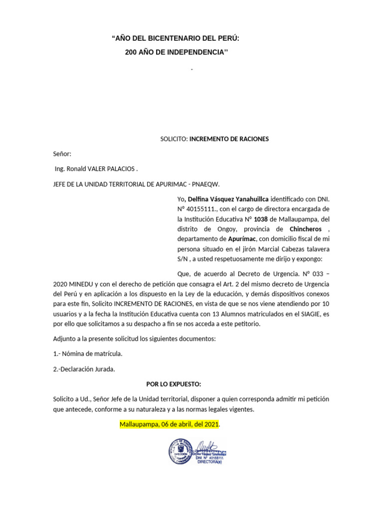 Modelo solicitud incremento usuarios qaji warma 2021 delfi | PDF ...