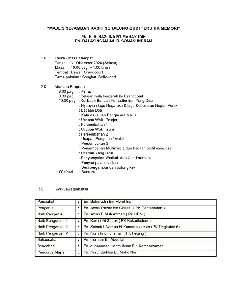 Ajk Majlis Persaraan PN Hazlina & MR Bala - 250408 - 083445 | PDF