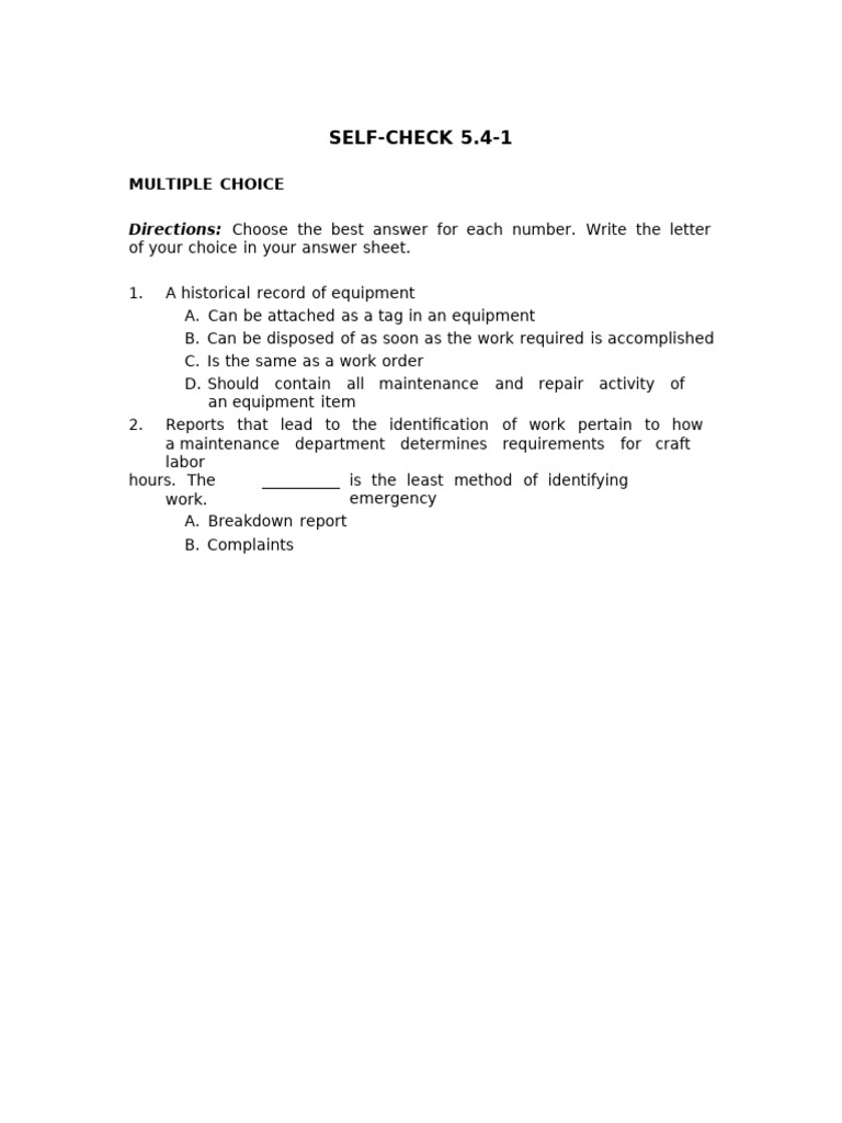 Maintenance Management Self-Check Quiz | PDF