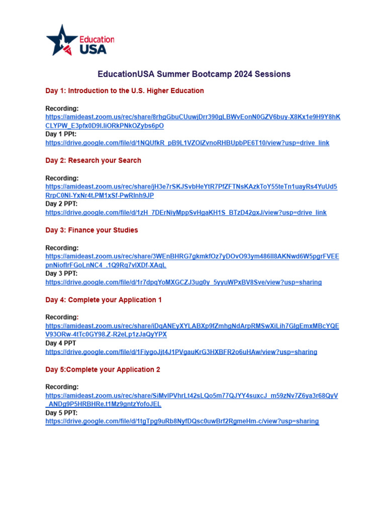 EdUSA Summer Bootcamp 2024 Recordings& PPTs | PDF