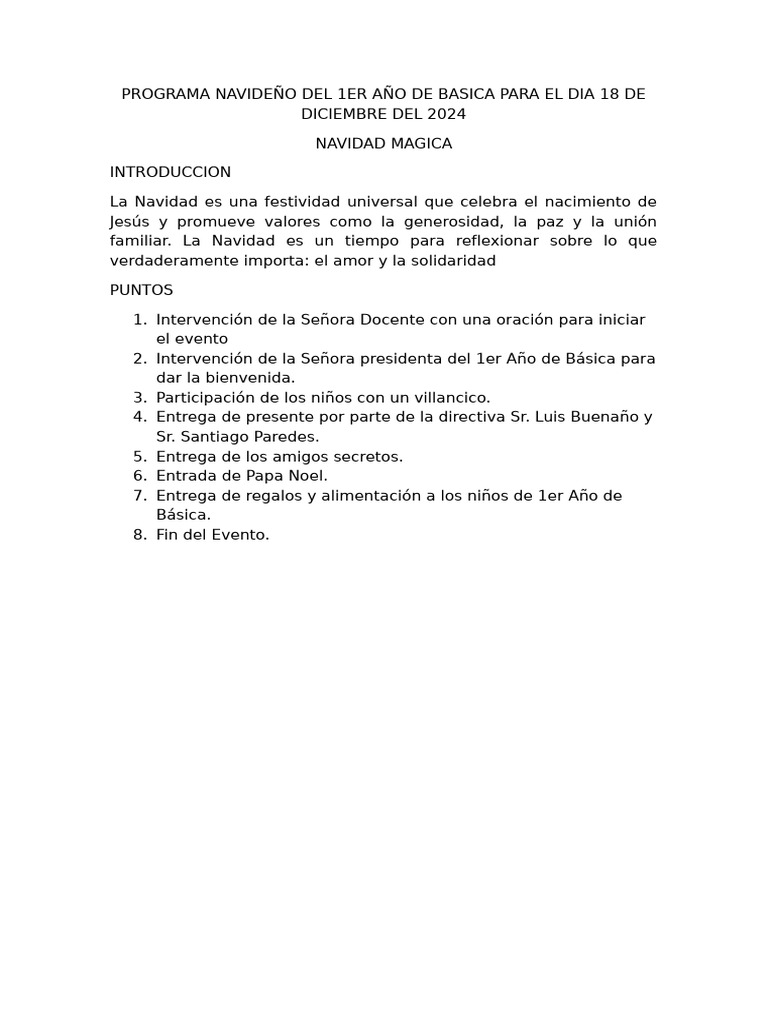 Programa Navideño 1er Año Básica 2024 | PDF