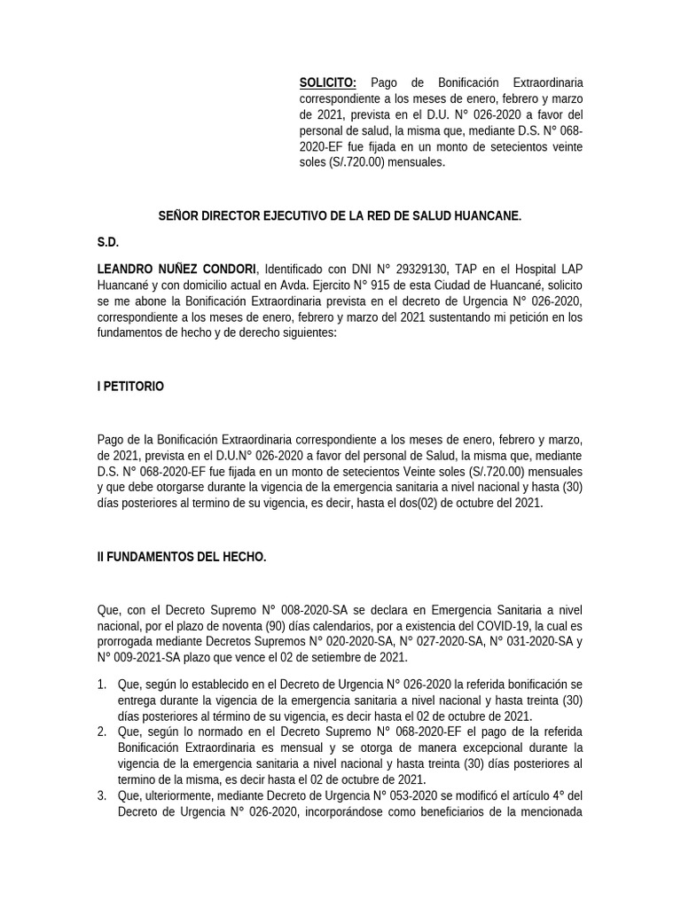 SOLICITO ABONO EXTRAORDIANRIO1440. | PDF | Estado de emergencia | Gobierno
