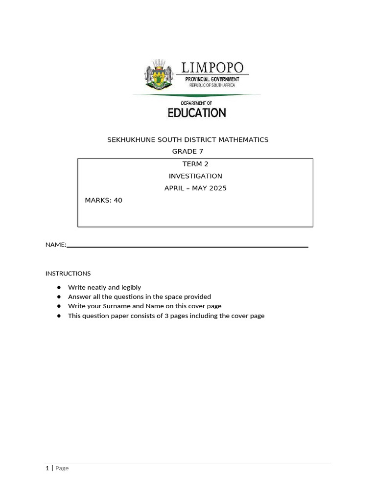 Grade 7 Term 2 Maths Investigation Exam | PDF