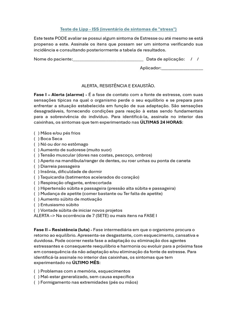 Teste de Estresse de Lipp: Avaliação Sintomas | PDF | Hipertensão ...