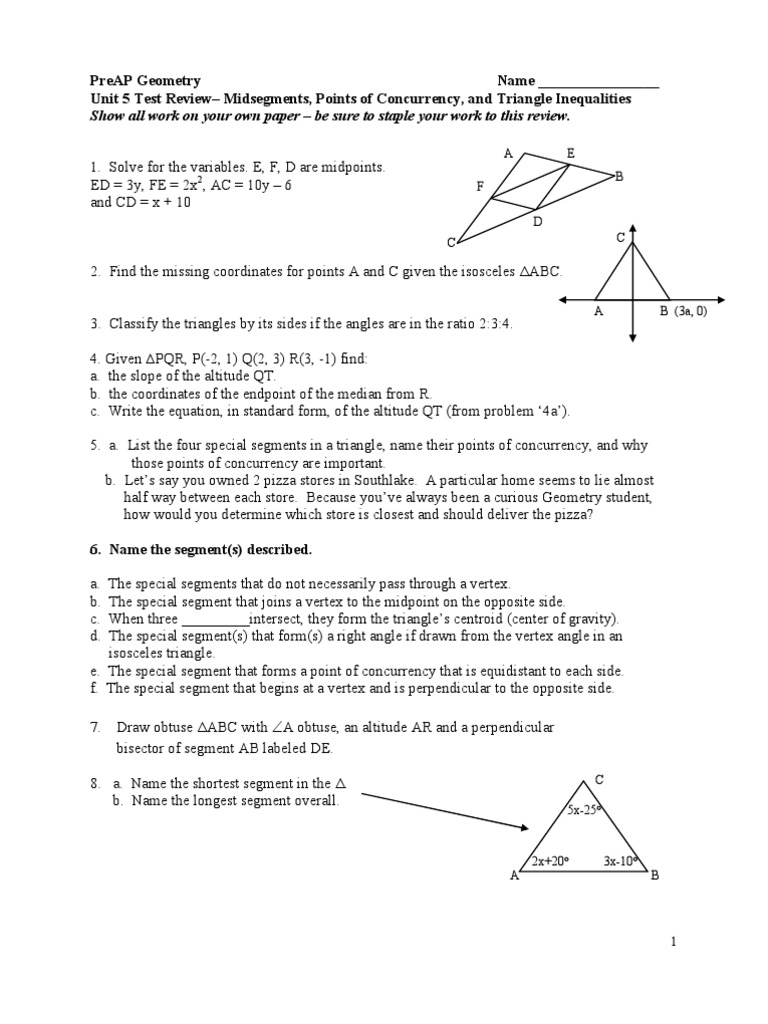worksheet Special Segments In Triangles Worksheet geom ch5 review triangle convex geometry