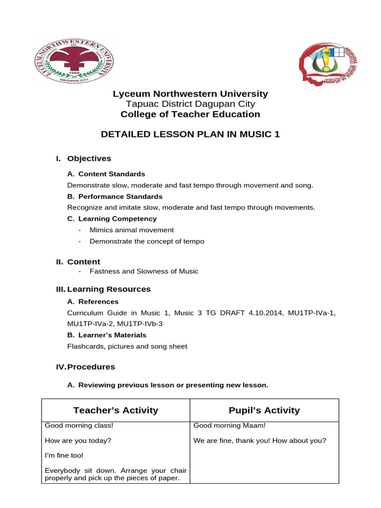 Detailed Lesson Plan Music 1 | PDF | Tempo | Horse Gait