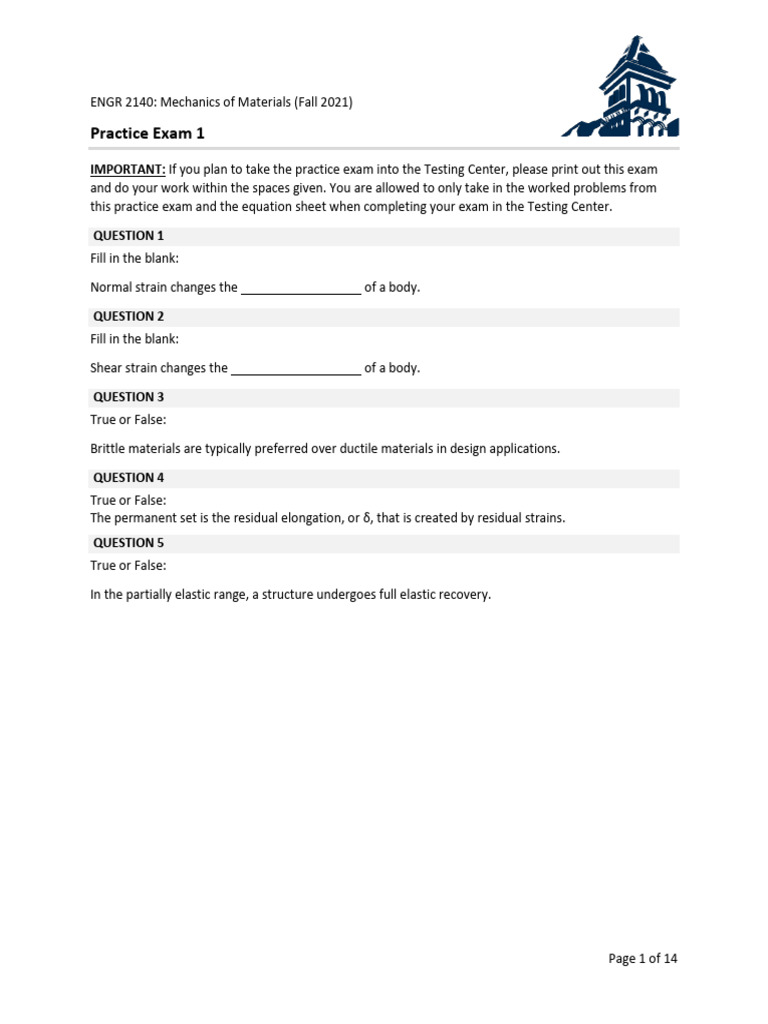 Mechanics of Materials Practice Exam | PDF | Young's Modulus ...