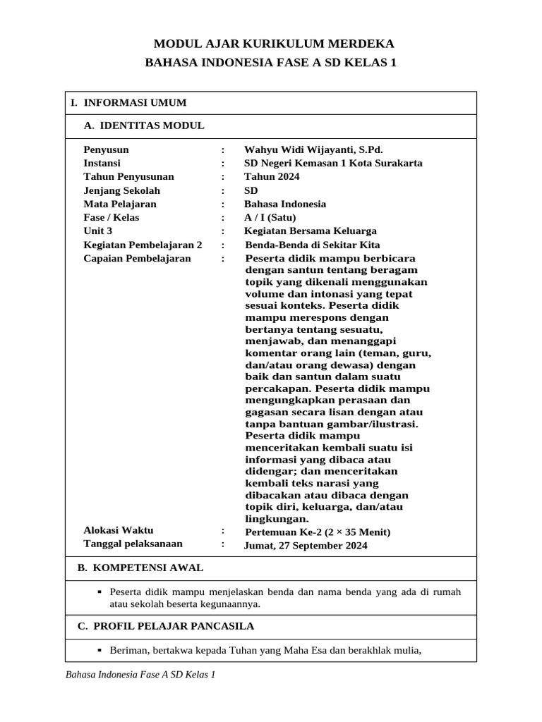 Modul Ajar Bahasa Indonesia Kelas 1 | PDF