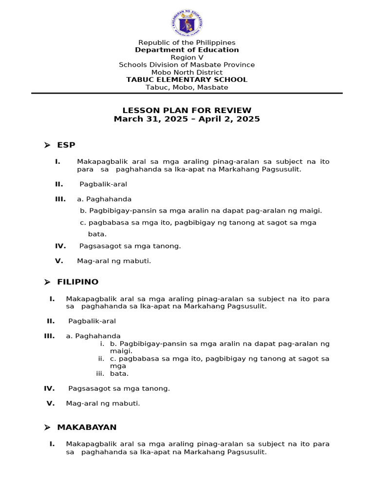 Lesson Plan For Review | PDF