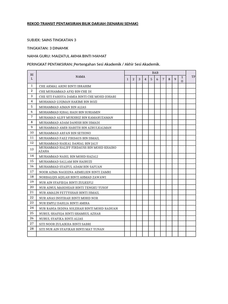 REKOD TRANSIT PBD SAINS Tingkatan 3D | PDF