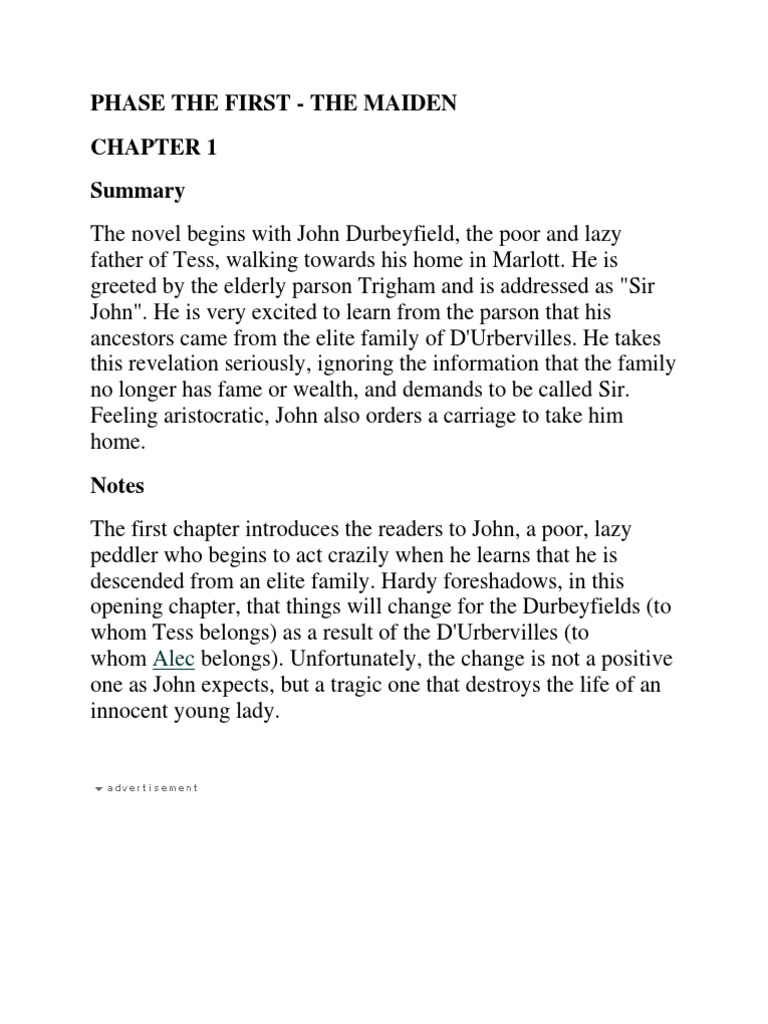 Tess Of The D Urbervilles Summary