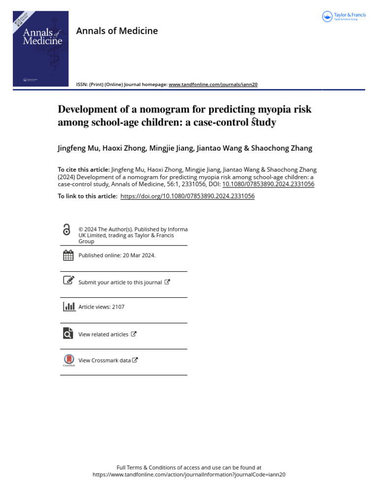 Development of A Nomogram For Predicting Myopia Risk Among School-Age ...