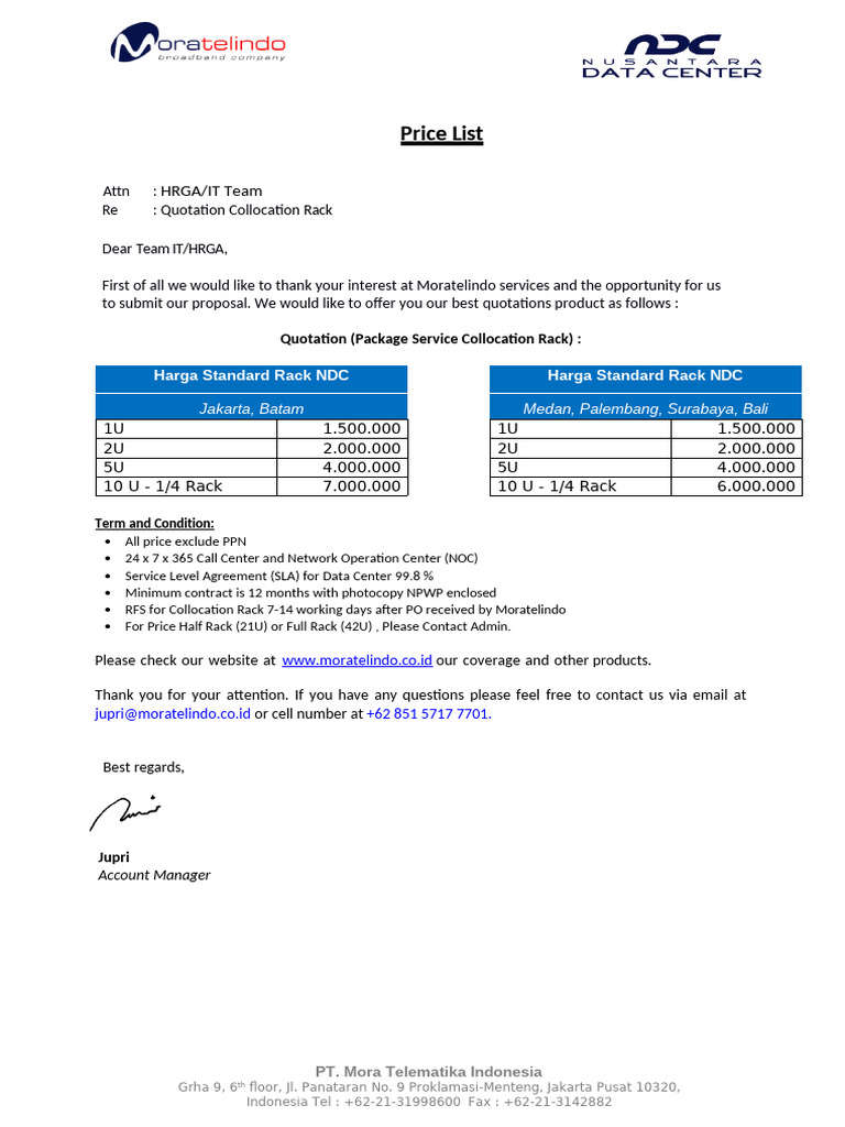 Moratelindo Collocation Rack Quotation | PDF