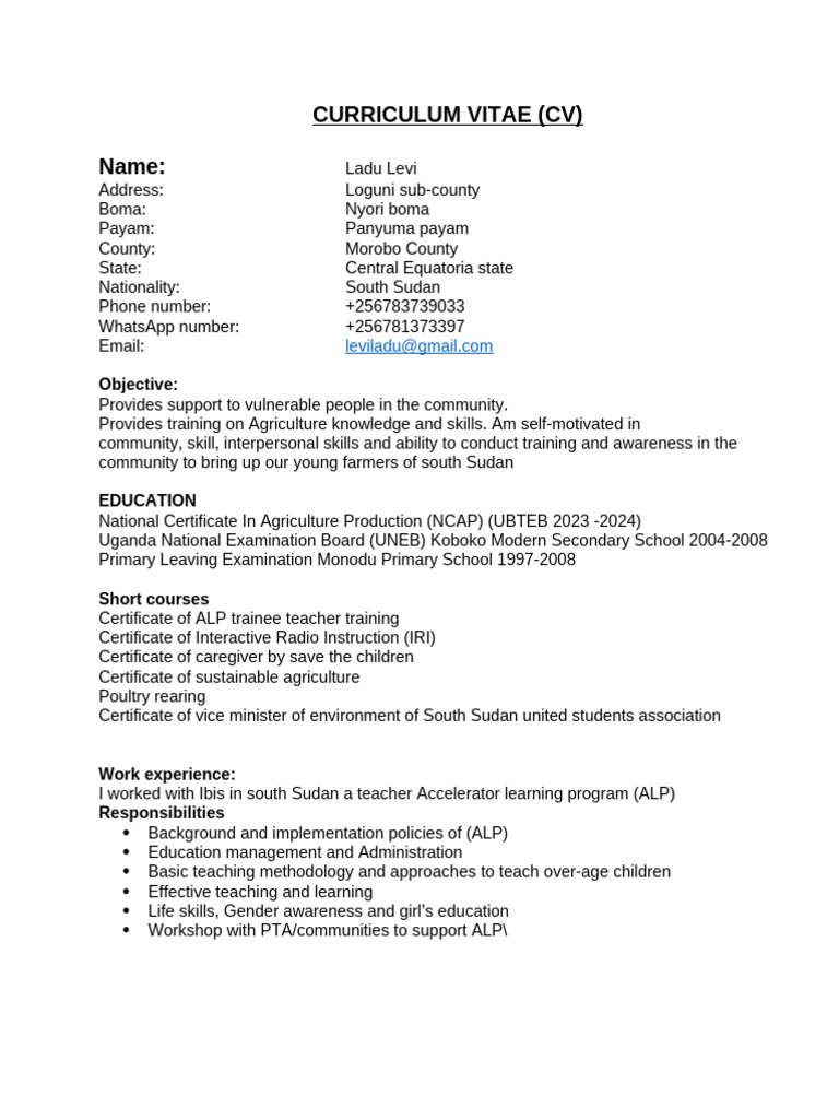 Ladu Levi Curriculum Vitae-1 | PDF | Teachers | Learning