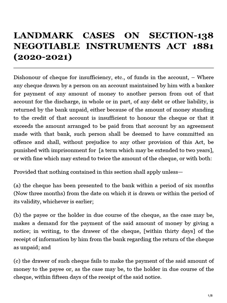 Landmark Cases On Section-138 Negotiable Instruments Act 1881 2020-2021 ...