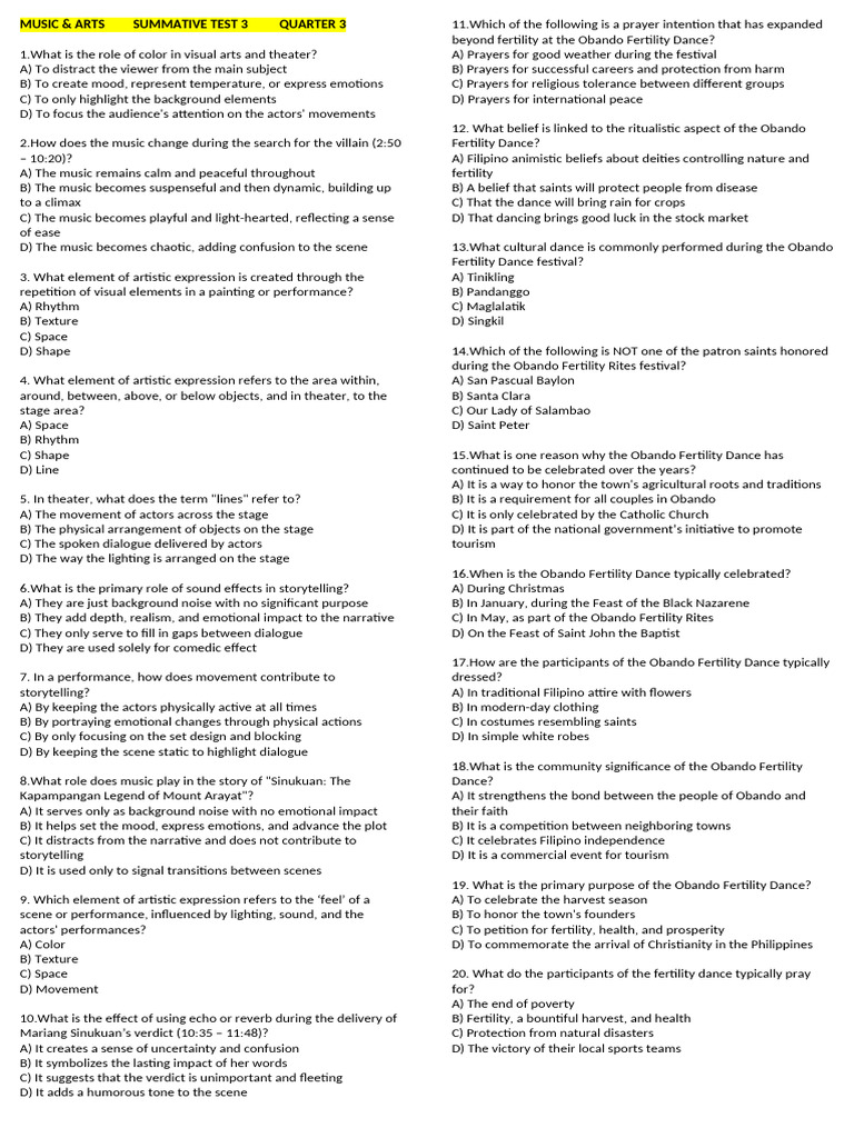 Music and Arts Summative Test Insights | PDF | Folklore | Paintings