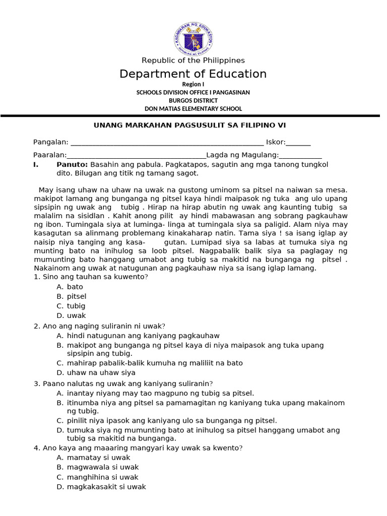 FILIPINO 6-Unang Markahang Pagsusulit | PDF