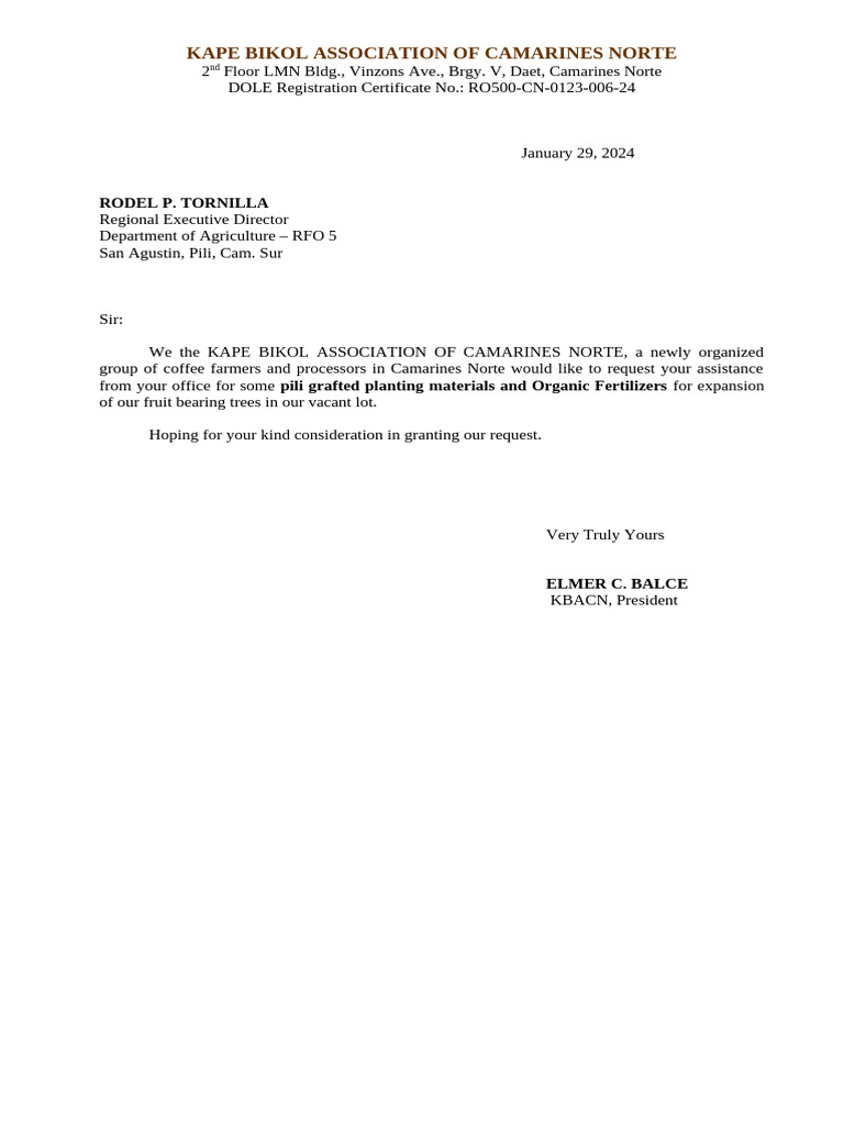 Letter Request Ot DA Re Pili and Chainsaw | PDF