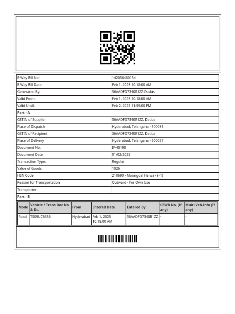 Sample E Way Bill Summary | PDF