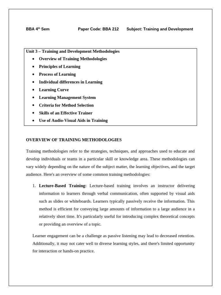 Training Methodologies Overview | PDF | Learning | Educational Technology