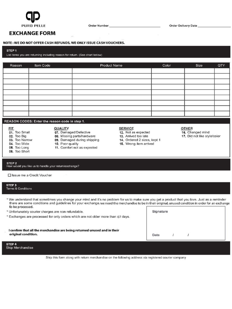 Puro Pelle Exchange and Return Form | PDF