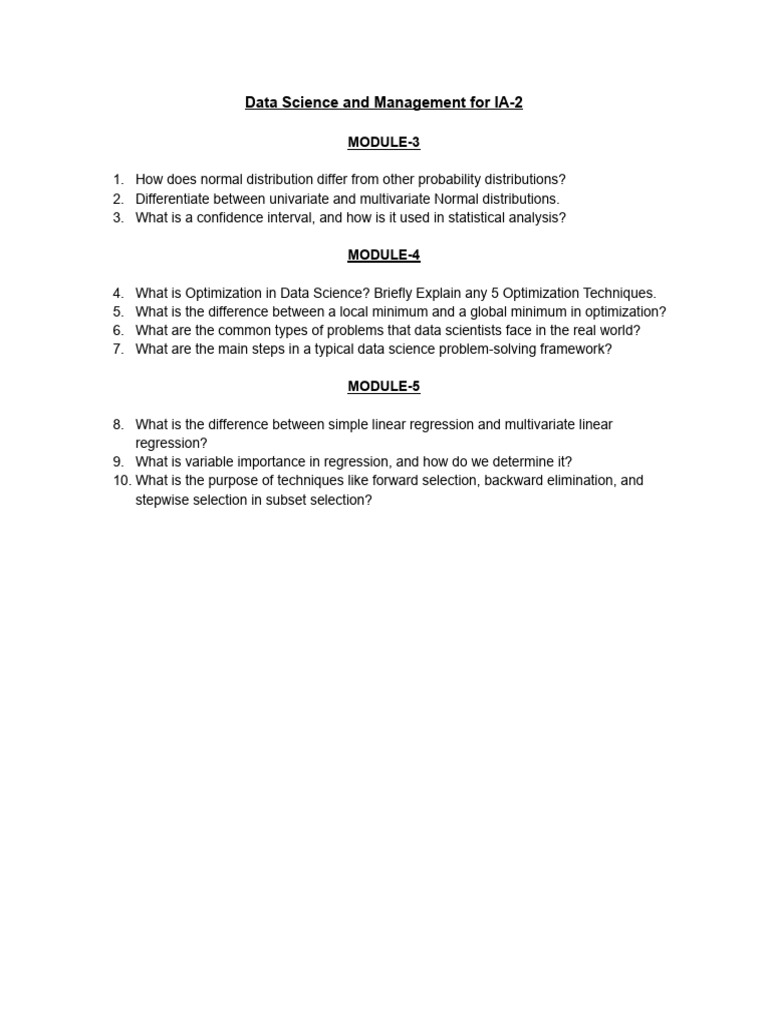 Data Science and Management Imp Questions For IA 2 Module 3, 4 & 5 | PDF