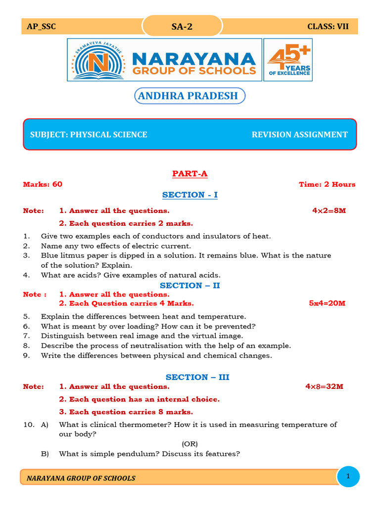 Class VII Physical Science Revision Assignment | PDF | Water | Sodium ...