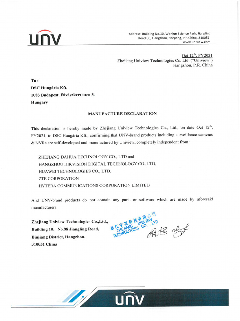 Manufacture Declaration Signed Stamped | PDF