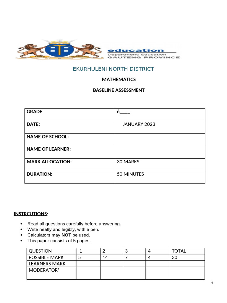 Grade 6 Mathematics Baseline Assessment | PDF | Mathematics
