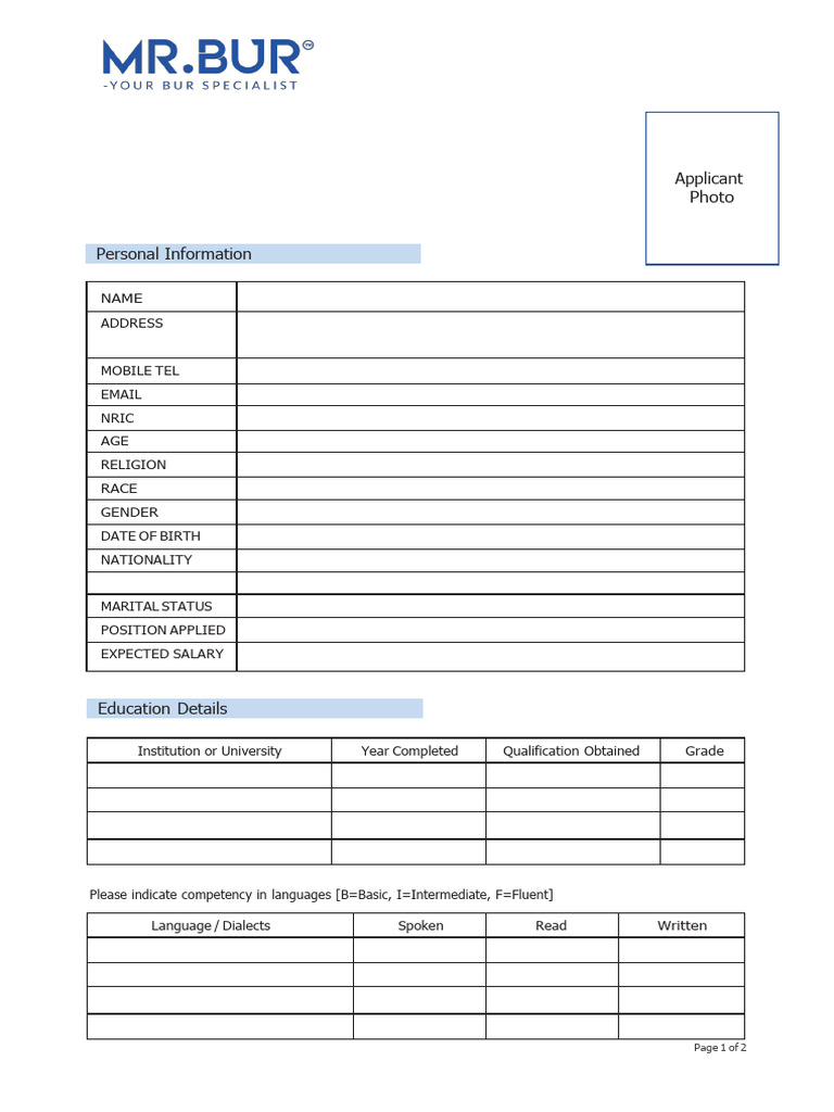 MR. BUR Job Application Form (ID) | PDF