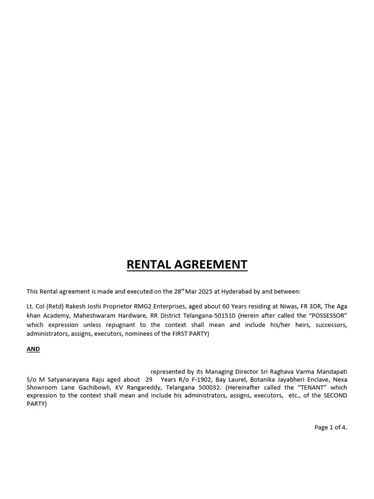 Draft Rental Agreement 26 Mar 2025 To 25 April 2025 | PDF | Leasehold ...