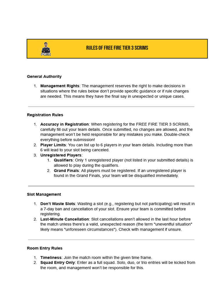 Free Fire Tier 3 Scrims Rules & Format | PDF