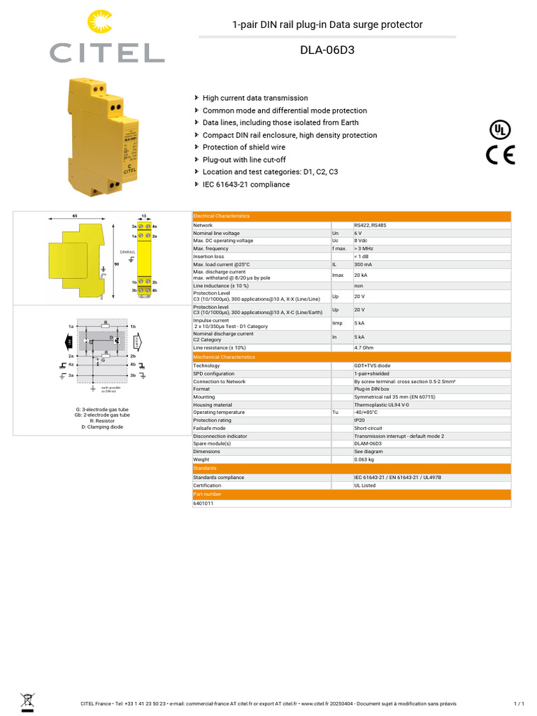 Data Surge Protector DLA-06D3 Overview | PDF | Power (Physics ...