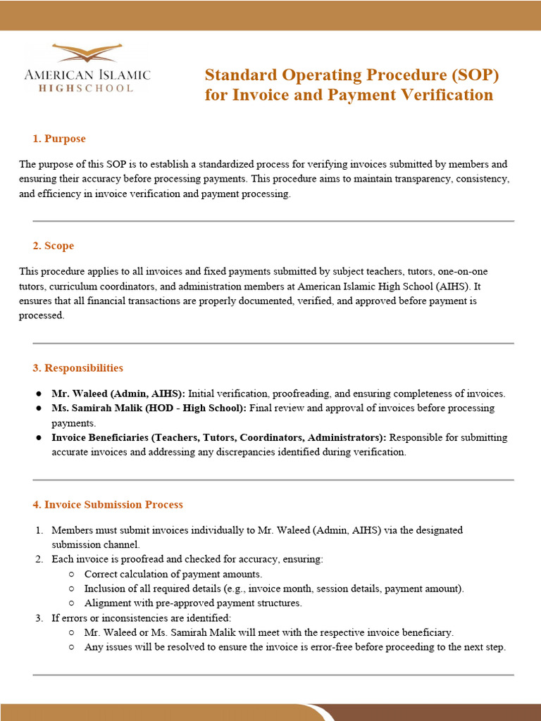 Standard Operating Procedure (SOP) For Invoice and Payment Verification ...