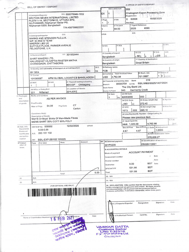 Bill of Entry for Export Shipment | PDF