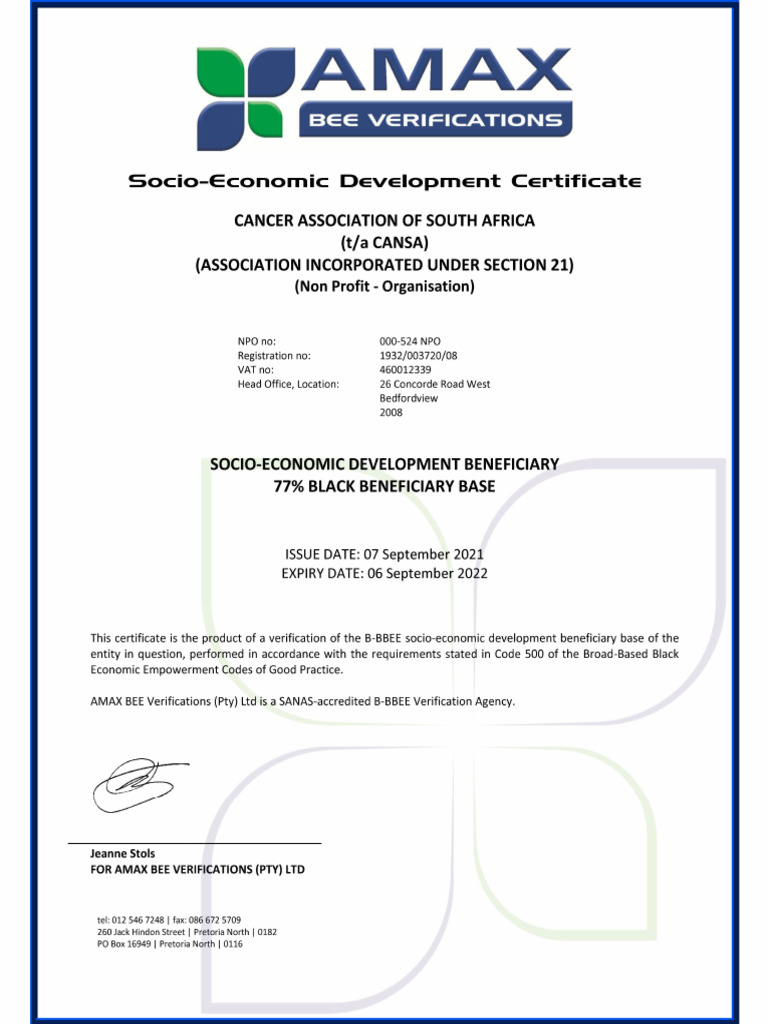 BEE Verification SED Certificate Cancer Association of South Africa NPC ...