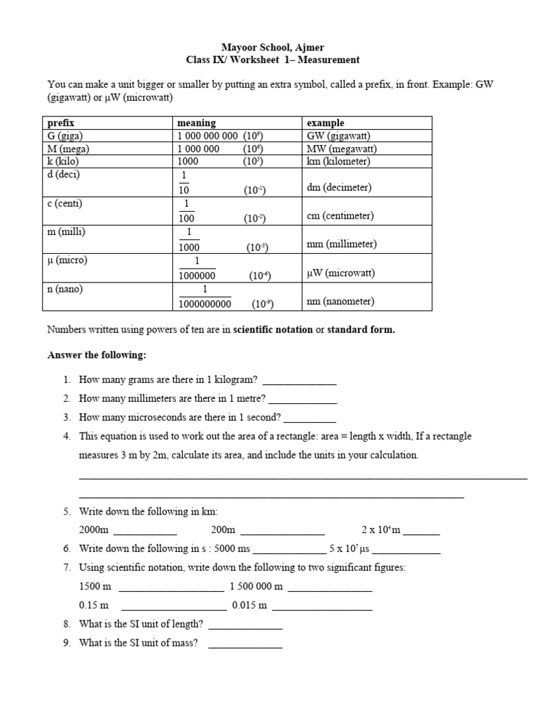 Measurement Worksheet for Class IX | PDF | Watt | Kilogram