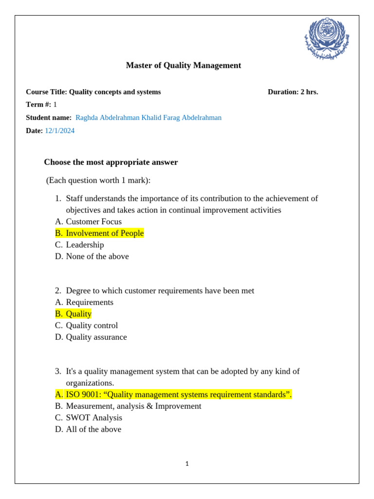 Quality Management System Quiz | PDF | Quality Management | Quality ...
