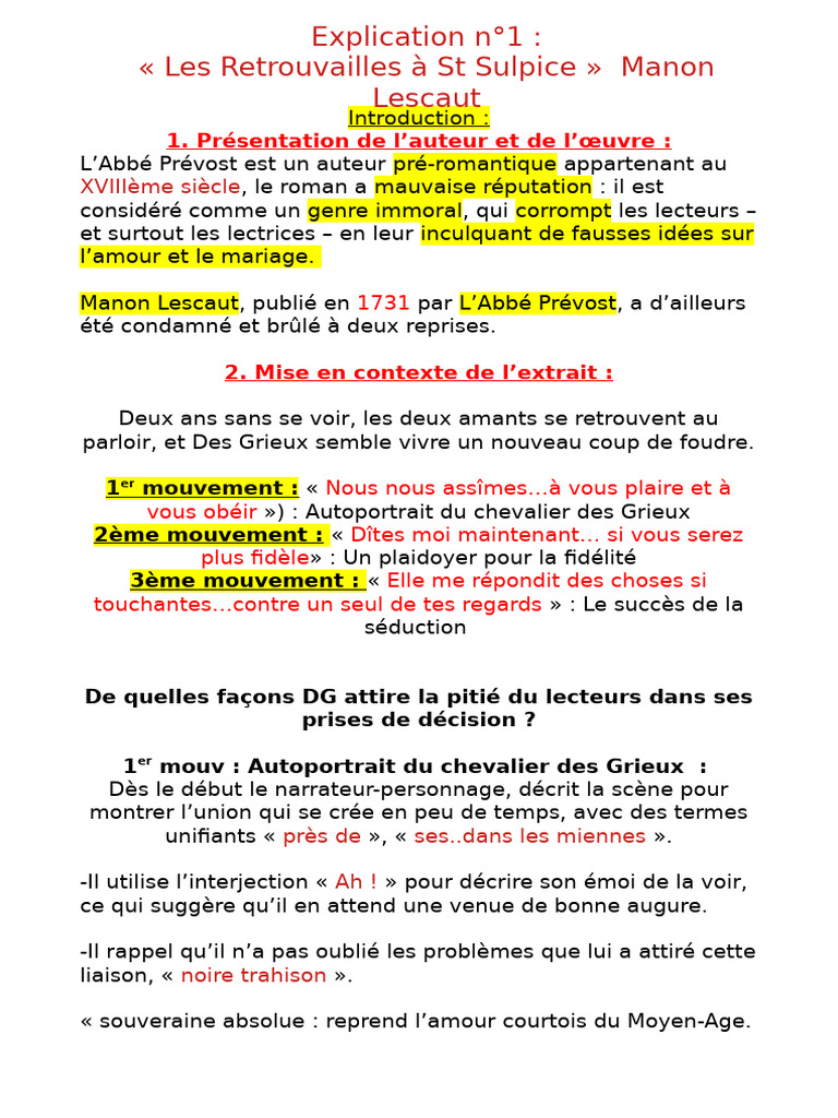 Analyse de Manon Lescaut, extrait 1 | PDF