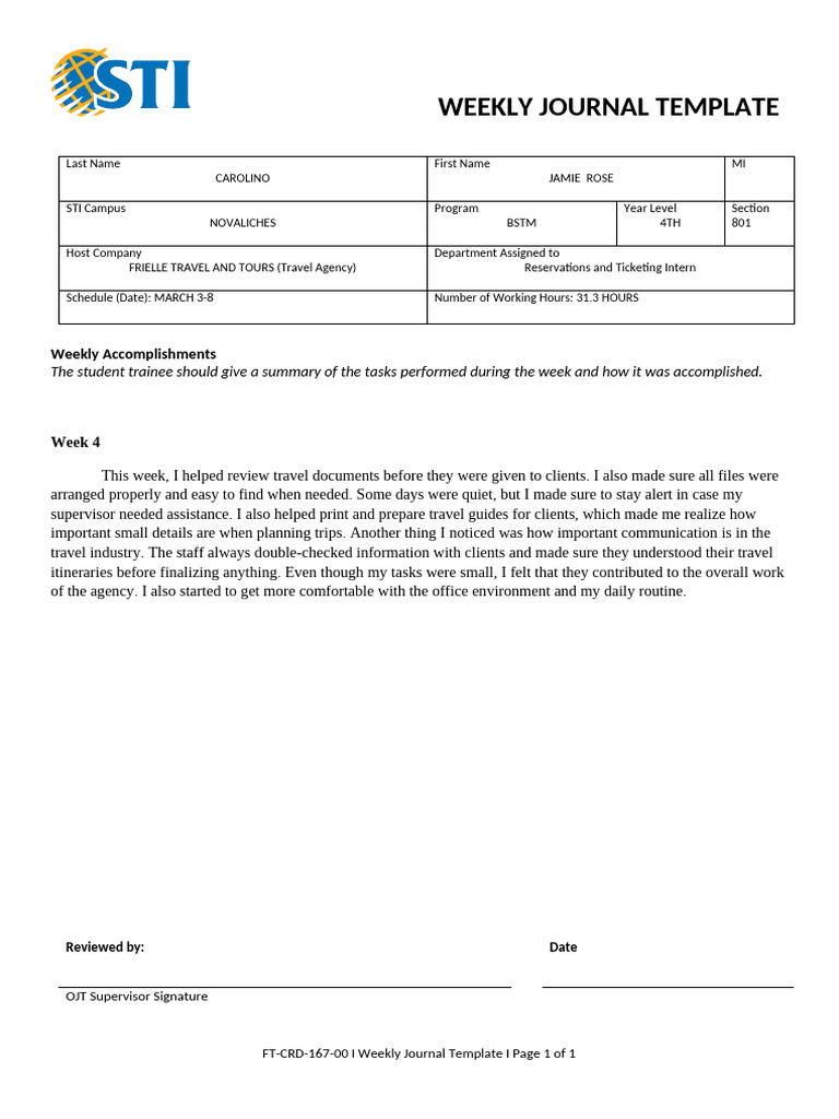 FT-CRD-167-00 Weekly Journal Template WEEK 4 | PDF