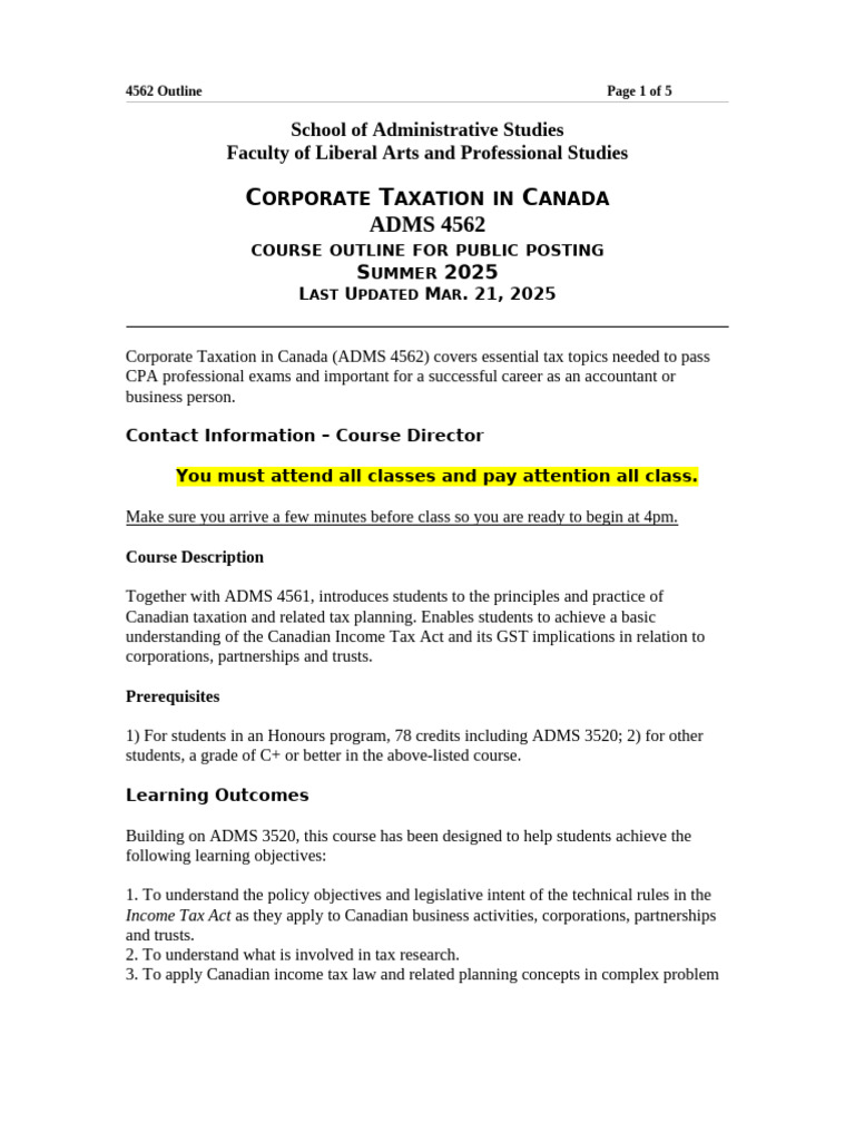 Corporate Taxation Course Outline 4562 | PDF | Taxes | Corporate Tax