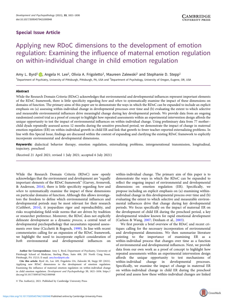 Applying New Rdoc Dimensions To The Development of Emotion Regulation ...