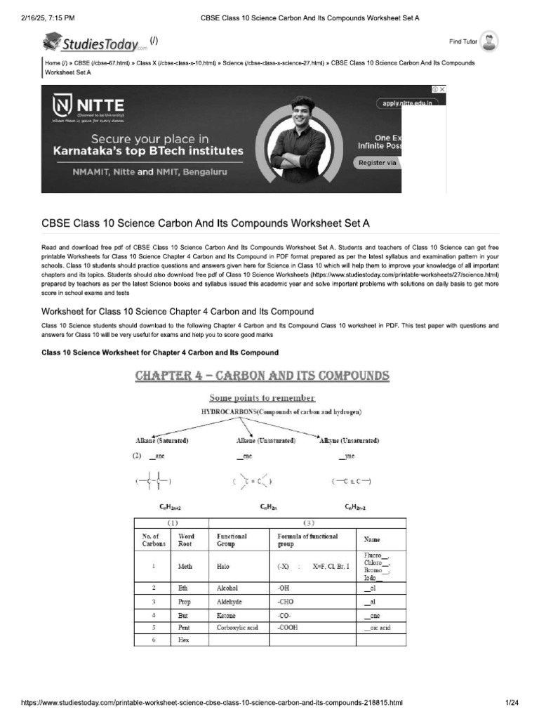 Carbon and Its Compunds - Worksheets | PDF