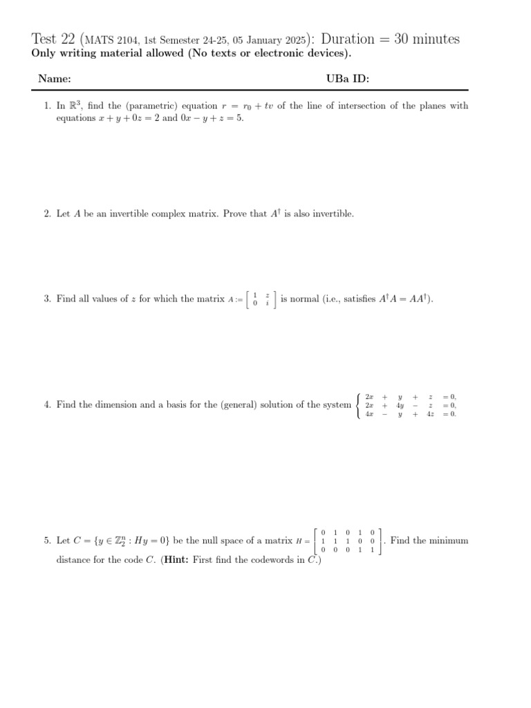 MATS 2104 Test 22: Math Problems | PDF