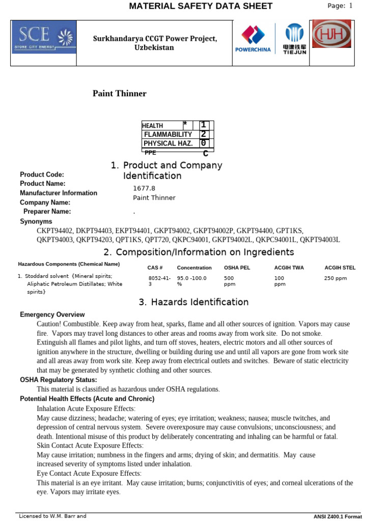 Paint Thinner Safety Data Sheet | PDF