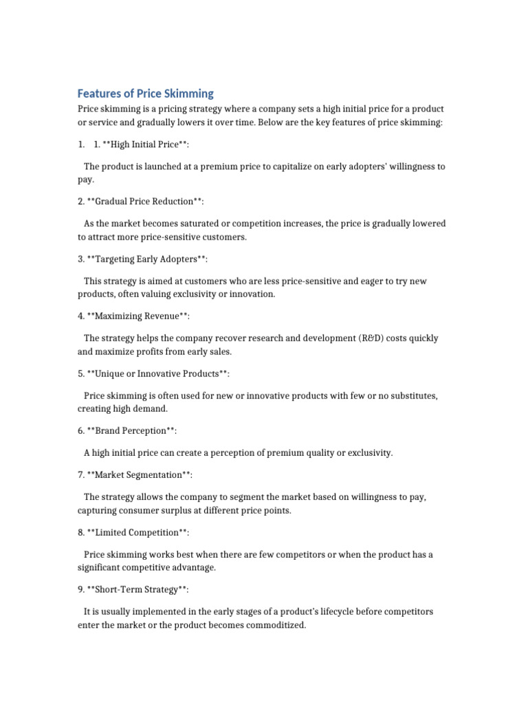 Key Features of Price Skimming Strategy | PDF