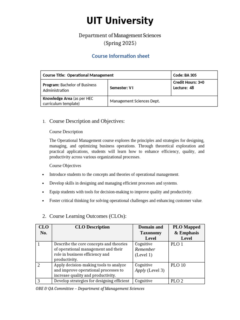 Operations Management Course Outline Revised | PDF | Operations ...