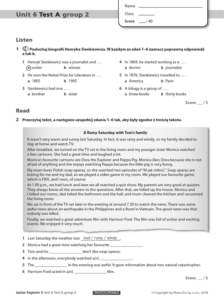 Junior Explorer 5 Unit 6 Test A Group 2 | PDF