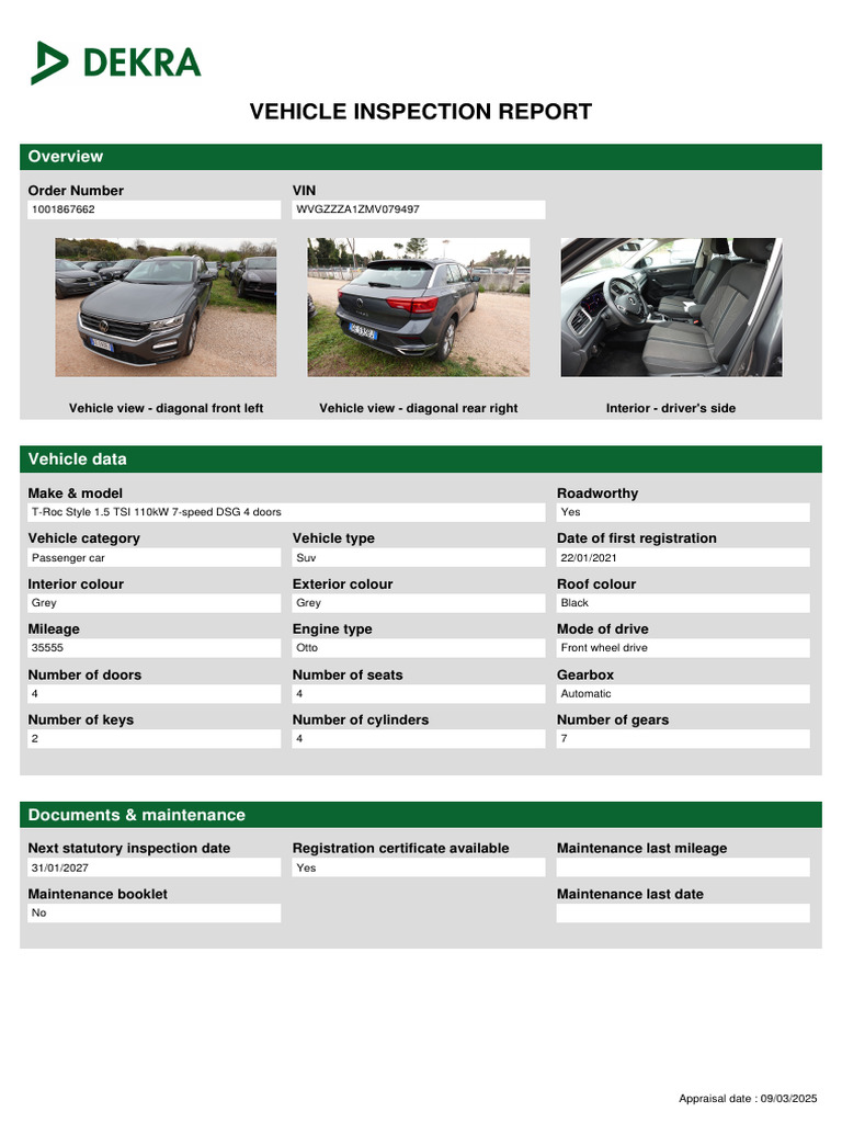 Vehicle Inspection Report: 1001867662 WVGZZZA1ZMV079497 | PDF