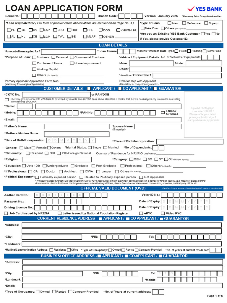 YES Bank Loan Application Form | PDF | Banks | Loans